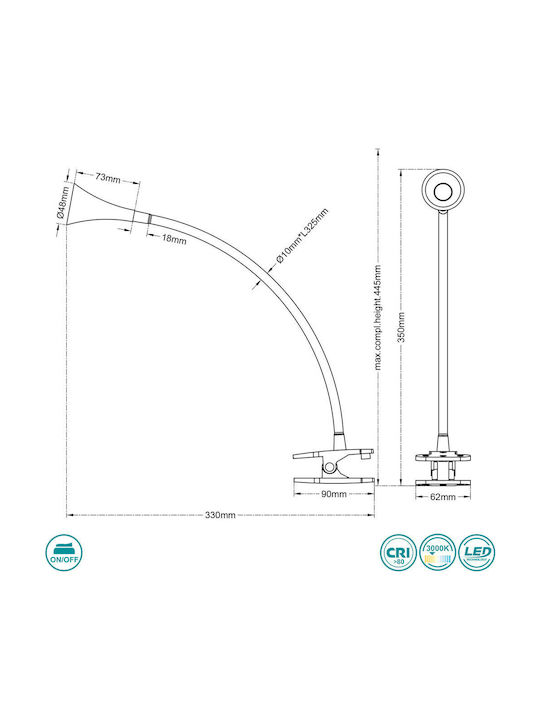 Trio Lighting Viper LED Lumină de Birou cu Braț Flexibil Înălțime: 35cm și Clește în Culoarea Argintiu