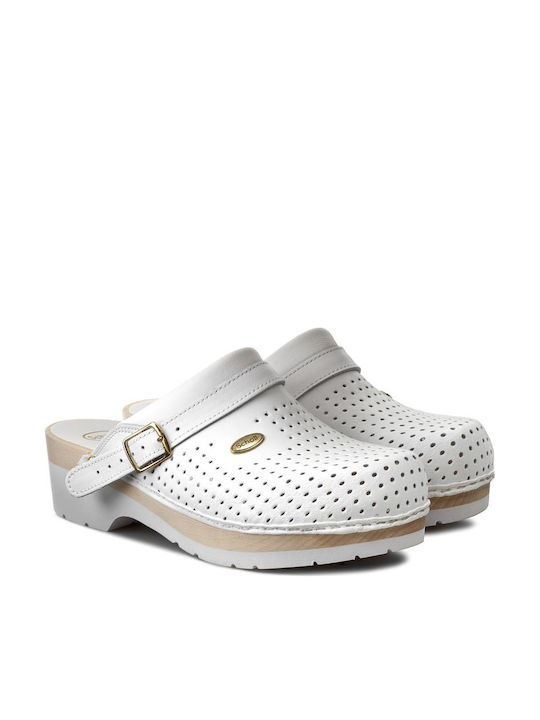 Scholl Super Comfort Leather Anatomic Clogs White