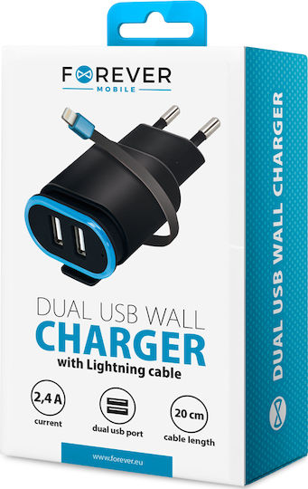 Forever Φορτιστής με 2 Θύρες USB-A και Καλώδιο Lightning Μαύρος (TC-02)