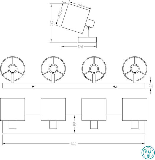 Trio Lighting Tommy Spot mit 4 Lichtern und mit Fassung E14 in Silber Farbe