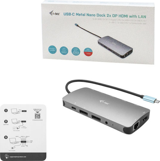 i-tec USB-C Stație de andocare cu HDMI/DisplayPort 4K PD Ethernet și conexiune 3 monitoare Argintiu (C31NANODOCKPROPD)
