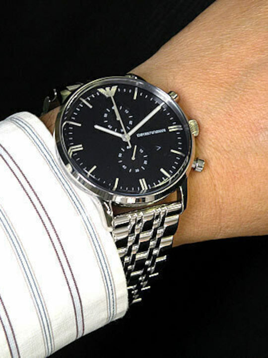 Emporio Armani Classic Ανδρικό Ρολόι 43mm Χρονογράφος Μπαταρίας με Ασημί Μεταλλικό Μπρασελέ