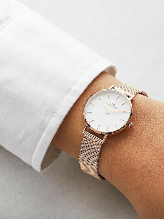 Daniel Wellington Petite Melrose Womens Watch 28mm Battery with Pink Gold Metal Bracelet