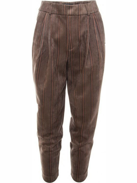 Women's High-waisted Fabric Trousers Baggy Line Striped Brown