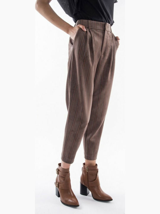 Women's High-waisted Fabric Trousers Baggy Line Striped Brown
