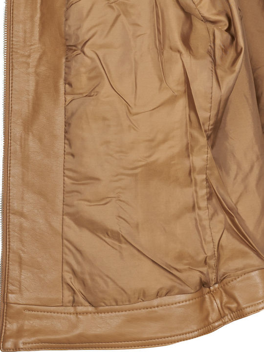 Bandit Women's Short Biker Artificial Leather Jacket for Winter Brown
