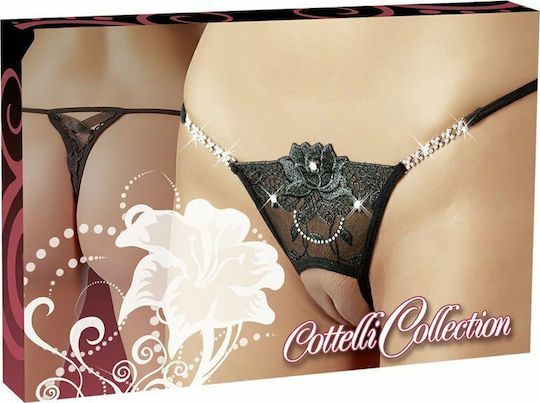 Cottelli Collection Crotchless Thong with Rhinestones Femei Sexy Șir de caractere cu decupaje Black