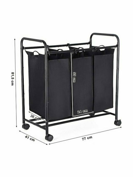 Songmics Καλάθι Απλύτων Μεταλλικό 44lt 77x41x81.5cm Μαύρο Τροχήλατο με 3 Χώρους