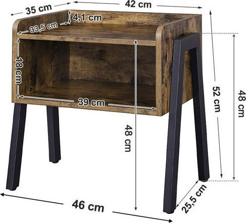 Wooden Bedside Table with Metallic Legs 42x35x52cm