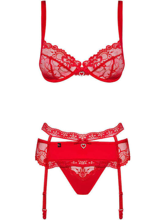 Obsessive Dantelat Set de Lenjerie Sutien cu Șir de caractere Roșu / Roșu Heartina