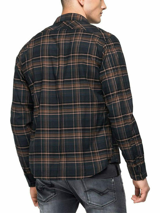 Replay Men's Shirt Long Sleeve Cotton Checked Brown