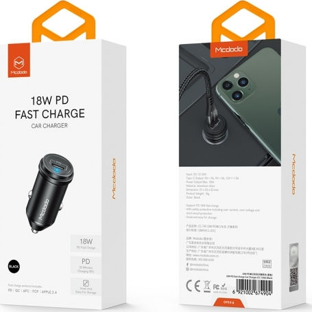 Mcdodo Mcdodo Handy-Autoladegerät 18W 3A mit Einer Buchse 1xType-C Schwarz Farbe