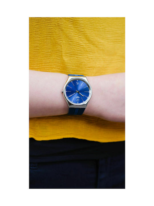 Swatch Bienne By Day Watch with Navy Blue Rubber Strap