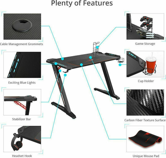Gaming Office Z1-S Wooden Black with Metal Legs & LED 113x61.5x77.5cm