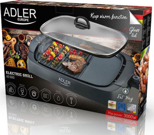Adler AD-6610 Tabletop Electric Grill With Grate and Smooth Plate Max Power 3000W With Lid and Adjustable Thermostat 40x30cm