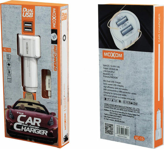 Moxom KC-15 Auto-Ladegerät 2.4A mit Anschlüssen: 1xUSB 1xType-C mit Kabel Typ-C,TC-TC Weiß Farbe