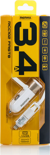 Remax RCC-102 Φορτιστής Αυτοκινήτου 3.4A με μία Θύρα: 1xUSB μαζί με Καλώδιο Lightning / Micro-USB Μαύρο Χρώμα