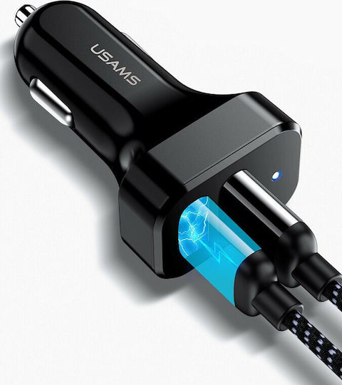 Usams C13 Car Charger 2.1A Fast Charging with Ports: 2xUSB with Cable Lightning / Micro-USB / Type-C Black Color