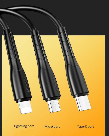 Usams C13 Car Charger 2.1A Fast Charging with Ports: 2xUSB with Cable Lightning / Micro-USB / Type-C Black Color