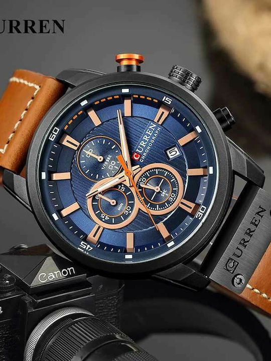 Curren Men's Watch 45mm Chronograph Battery with Leather Strap Brown / Blue