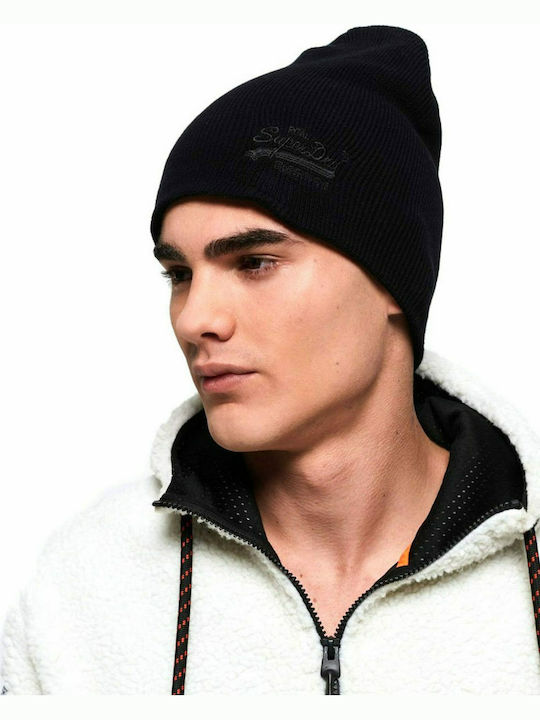 Label Beanie Männer Beanie mit Rippstrick in Schwarz Farbe