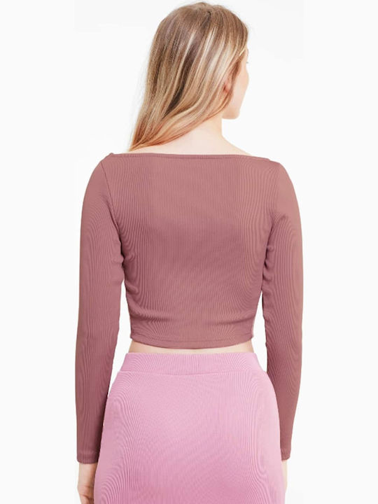 Puma Classics Women's Crop Top Long Sleeve with V Neckline Pink