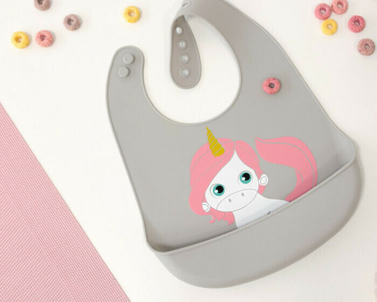 Kiokids Unicorn Waterproof Bib Silicone with Button & Pocket Gray for 4 m+