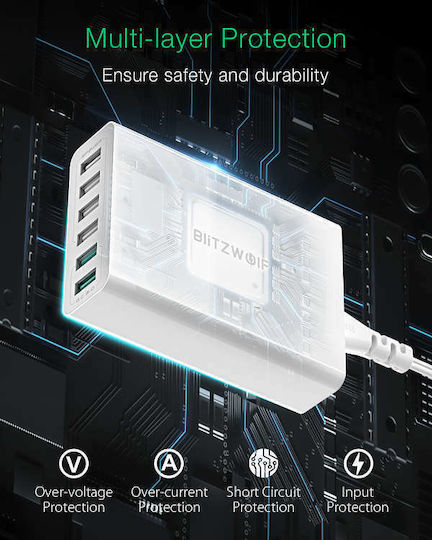 BlitzWolf Ladestation mit 6 USB-A Anschlüsse 60W Schnellaufladung 3.0 in Weiß Farbe (BW-S15)