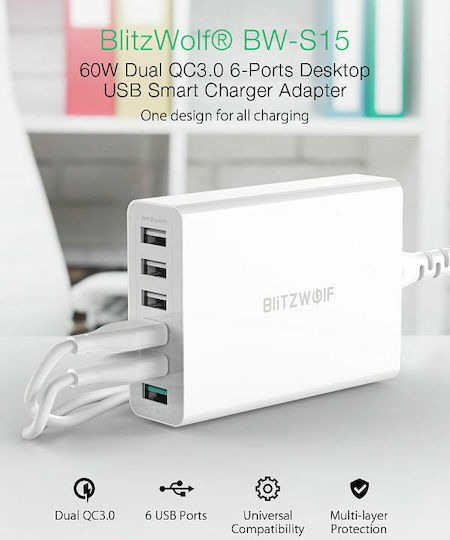 BlitzWolf Ladestation mit 6 USB-A Anschlüsse 60W Schnellaufladung 3.0 in Weiß Farbe (BW-S15)