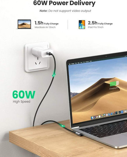 Ugreen US255 Angle (90°) / Braided USB 2.0 Cable USB-C Male - USB-C 60W Black 1m 50123