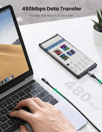 Ugreen US255 Angle (90°) / Braided USB 2.0 Cable USB-C Male - USB-C 60W Black 1m 50123