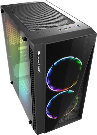 Powertech PT-839 Геймърско бюро Midi Tower Компютърна кутия със страничен прозорец Черен