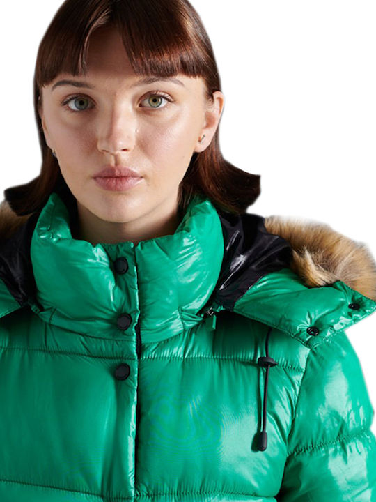 High Shine Toya Κοντό Γυναικείο Puffer Μπουφάν με Γούνινη Κουκούλα για Χειμώνα Πράσινο