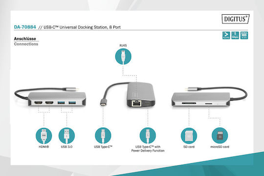 Digitus USB-C Docking Station mit HDMI 4K PD Ethernet und Verbindung 2 Monitore Silber (DA-70884)