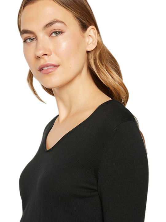 Basic Women's Long Sleeve Sweater Cotton with V Neckline Black