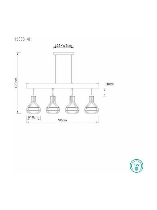 Globo Lighting Clastra Pendant Light Black Rail for 4 Bulbs E27 90x18x120cm