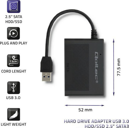 Qoltec 50644 Адаптер За Твърд Диск USB 3.0 HDD/SSD 2,5'' SATA3 Черен