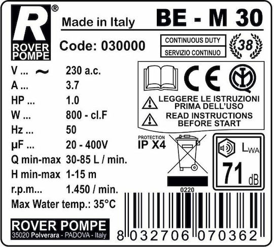 Rover Pompe BE-M 30 Triple Phase Transfer Pump with 1hp Horsepower