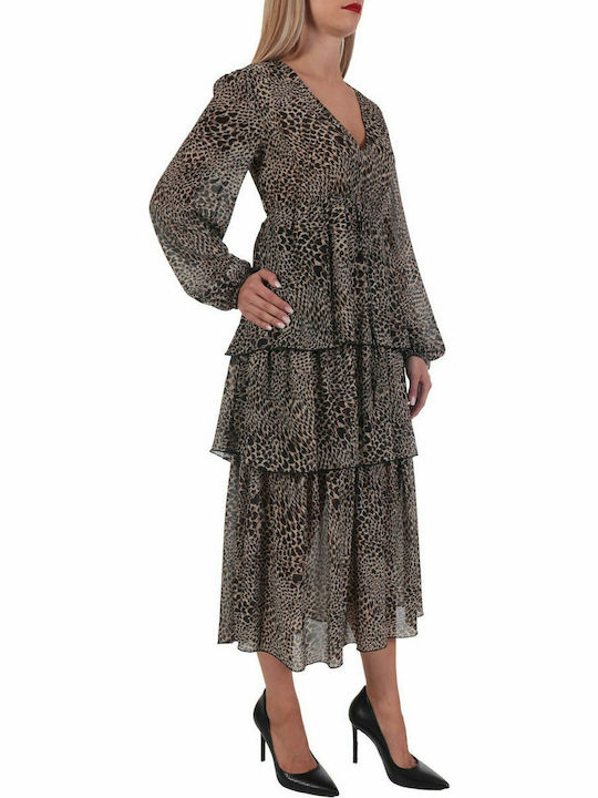 RELISH OREN ABITO ANIMAL PRINT V-NECK DRESS OREN BROWN