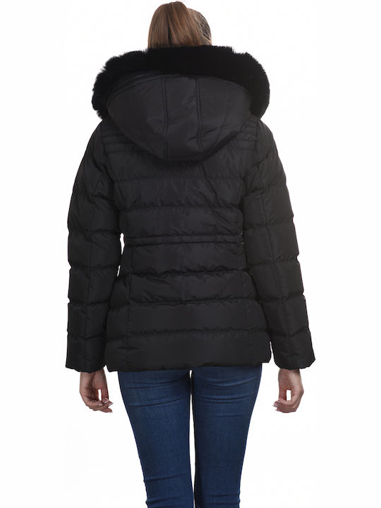Biston Women's Short Puffer Jacket for Winter with Detachable Hood Black