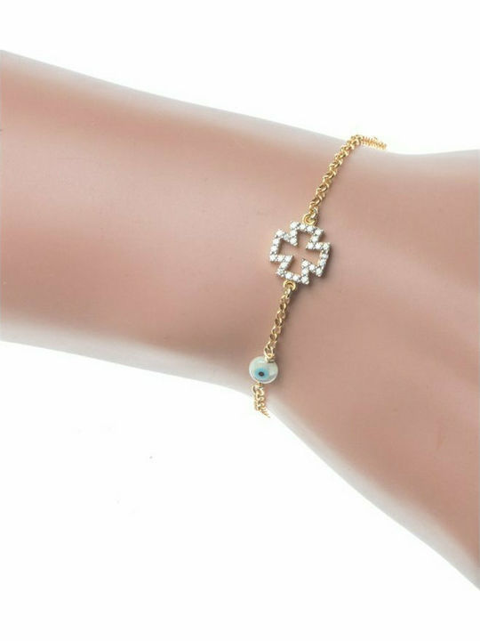 Distinctive bracelet made of gold plated silver with cross and cubic zirconia stones with peephole