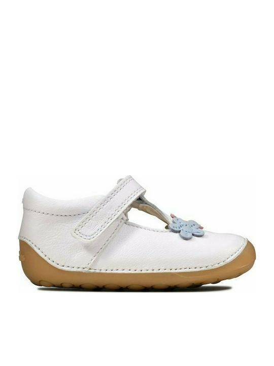 Clarks Kids Anatomic Leather Ballerinas Tiny Sun with Hoop & Loop Closure White