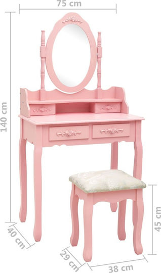 Bodenstehende Schminktisch Schlafzimmer Holz Rosa mit Spiegel & Hocker 75x69x140cm