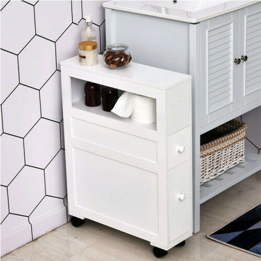 HomCom Wheeled Wooden Bathroom Furniture Bathroom Cabinet L52xW16xH71cm White