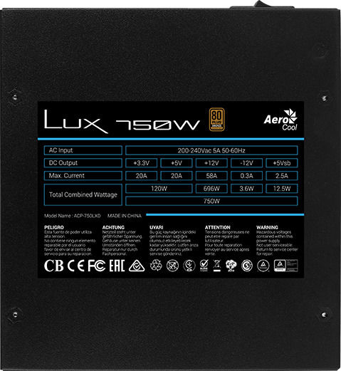Aerocool Lux 750W Black Computer Power Supply Full Wired 80 Plus Bronze