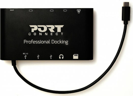 Port Designs Travel 1 x 4K USB-C Docking Station with HDMI/DisplayPort 4K PD Ethernet and Connection for 2 Monitors Black