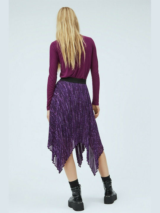 Pepe Jeans Pleated High Waist Midi Skirt Leopard in Purple color