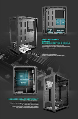 Powertech PT-743 Gaming Midi Tower Κουτί Υπολογιστή με Πλαϊνό Παράθυρο και RGB Φωτισμό Μαύρο