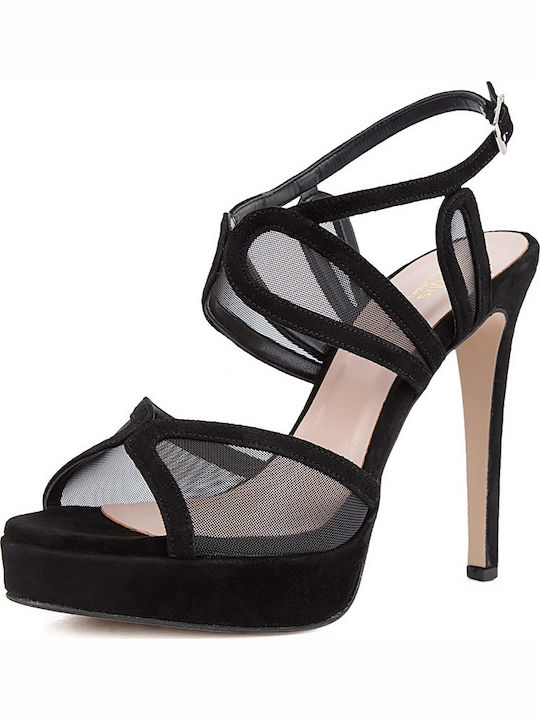 Fardoulis Platform Leather Women's Sandals Transparent 3086 Black with Thin High Heel