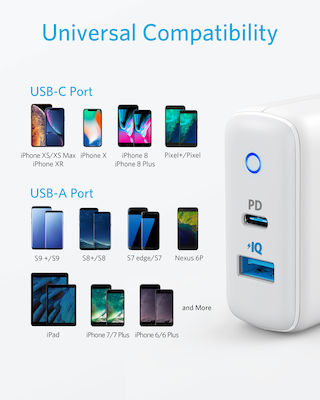Anker Wall Adapter with USB-A port and USB-C port 33W Power Delivery in White Colour (PowerPort II)